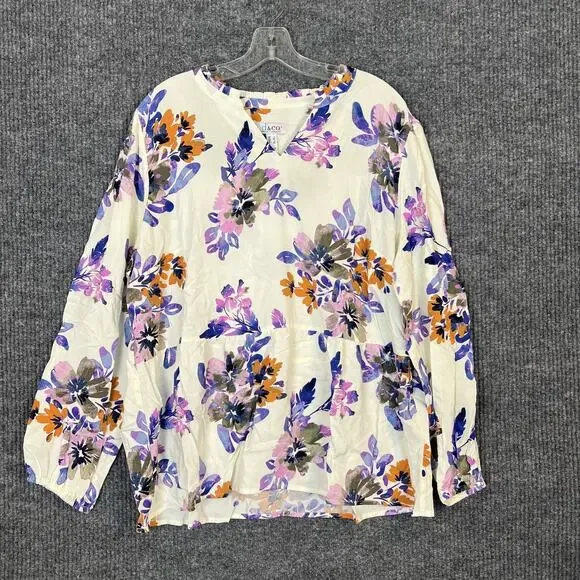 Denim & Co. Printed Blouse with Smocked Cuff Womens Size Large Floral Bohemian - Picture 2 of 10